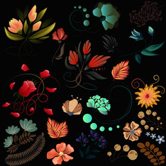 Set of flowers in vector. Floral design in vintage colors.