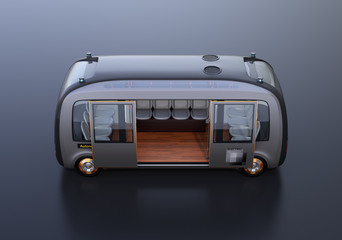 Side view of self-driving shuttle bus on black background. 3D rendering image. 
