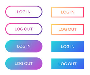 log in log out web buttons set. outline and filled ui web buttons in flat style. rounded and rectangular vector buttons on trendy gradients for web and ui design