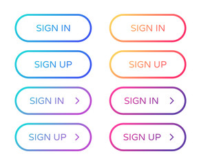 sign in sign up web buttons set. rounded vector buttons on trendy gradients with arrows for web and ui design. outline ui web buttons in flat style