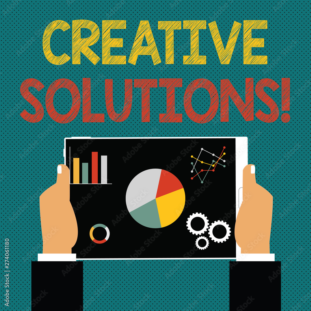 Poster Writing note showing Creative Solutions. Business photo showcasing mental process of creating unique solutions to problem Hands Holding Tablet with Search Engine Optimization on the Screen.