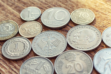 coins old before euro pile pack heap on a wooden background mock up selective focus close up