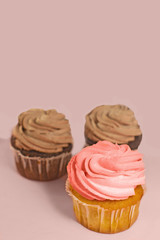 Homemade pink strawberry and chocolate cupcake with butter cream.