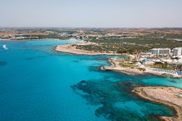 Beautiful aerial view of beautiful beach with blue ocean Mediterranean Sea