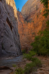 The spectacular and stunning Virgin River weaves through the Narrows, Zion National Park, USA