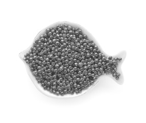 Plate with delicious black caviar on white background