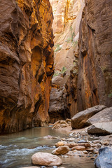 The Virgin River  weaves its way through the spectacular and stunning Narrows, Zion National Park, USA