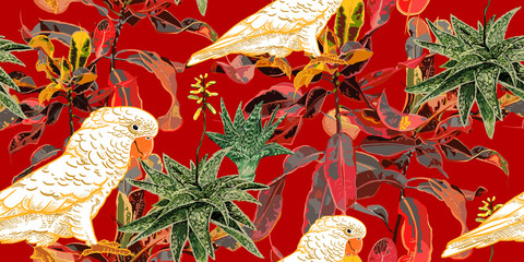 Nahtloses Muster. Kakteen, Ficus und Kakadu. © marinavorona