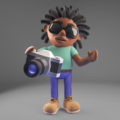Black man with dreadlocks using his new camera, 3d illustration