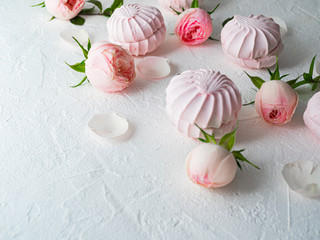 Fototapeta na wymiar Delicate buds of pink roses and airy marshmallows. Flat Lay. Copy space.