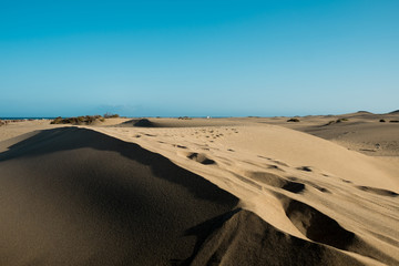 Fototapeta na wymiar ground level view of desert dune at sunset with sun hitting hard from above giving a sense warm and hot wth nobody in maspalomas