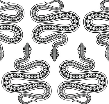 Seamless exotic pattern with snakes maori tattoo style. Animals background. Wildlife art illustration. Can be printed on T-shirts, bags, fabrics, posters, invitations, cards, paper, textile.