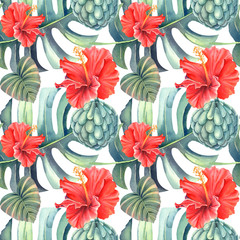 Tropical seamless pattern with red hibiskus flowers, vintage tropical leaves on a dark background. Hand painted in watercolor. Perfect for design, patterns, greeting cards, posters, website, DIY and o © Evgeniia