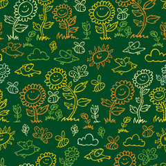 Vector green chalkboard style sunflowers, birds and bees repeat pattern. Suitable for gift wrap, textile and wallpaper.