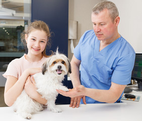 Cheerful girl with dog at veterinarian clinic