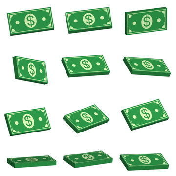 Set icons bundle bills, vector bundles of money dollar in different angles 3D isometry icons stack of bills