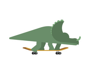 Styracosaurus on skateboard. Dino Skateboarder.  Prehistoric lizard monster riding longboard