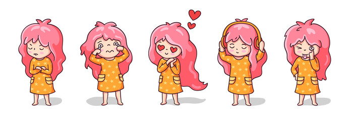 Little funny girls in orange pajamas. Girls in love, listening to music, making faces, crying and offended. Cartoon characters for emoji, pins, stickers, badges, patches, prints. Vector illustration