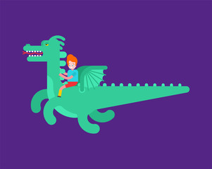 Boy flies on dragon isolated. fairy tale Vector illustration