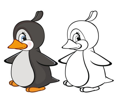 Vector Illustration of a Cute Cartoon Character Penguin for you Design and Computer Game. Coloring Book Outline Set 