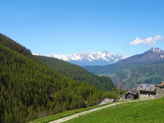 Obraz na płótnie Canvas A small mountain town in the Italian Alps: Chamois, Valle d'aosta, Italy - June 2019.