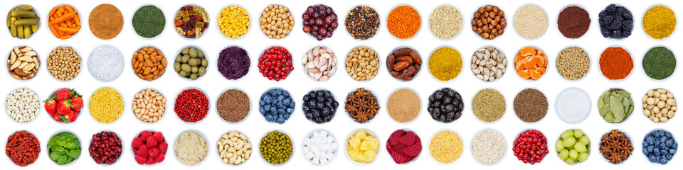 Fruits and vegetables berries spices herbs grapes banner sugar from above isolated on white - obrazy, fototapety, plakaty