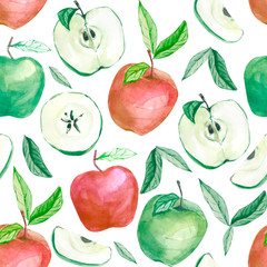 Watercolor fruit pattern red and green apple, summer print for the textile fabric, wallpaper, poster, template