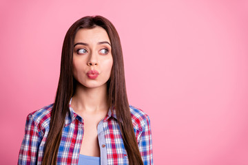 Close-up portrait of her she nice-looking sweet attractive pretty feminine well-groomed straight-haired teenage girl wearing checked shirt sending kiss looking aside isolated over pink background