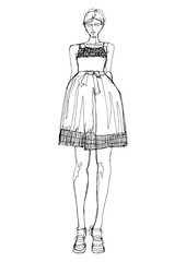 Fashion hand drawn model sketch posing. Woman in fashion clothes line sketch isolated figure. Fashion illustration runway model art black white minimalism art. Silhouette isolated for magazine 