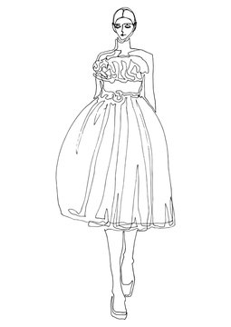 recommend clip art: Fashion hand drawn model sketch posing. Woman in fashion clothes line sketch isolated figure. Fashion illustration runway model art black white minimalism art. Silhouette isolated for magazine 