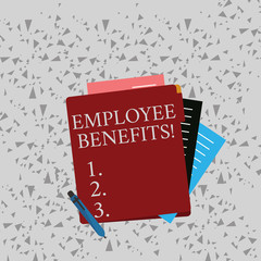 Word writing text Employee Benefits. Business concept for indirect and non cash compensation paid to employee Colorful Lined Paper Stationery Partly into View from Pastel Blank Folder.