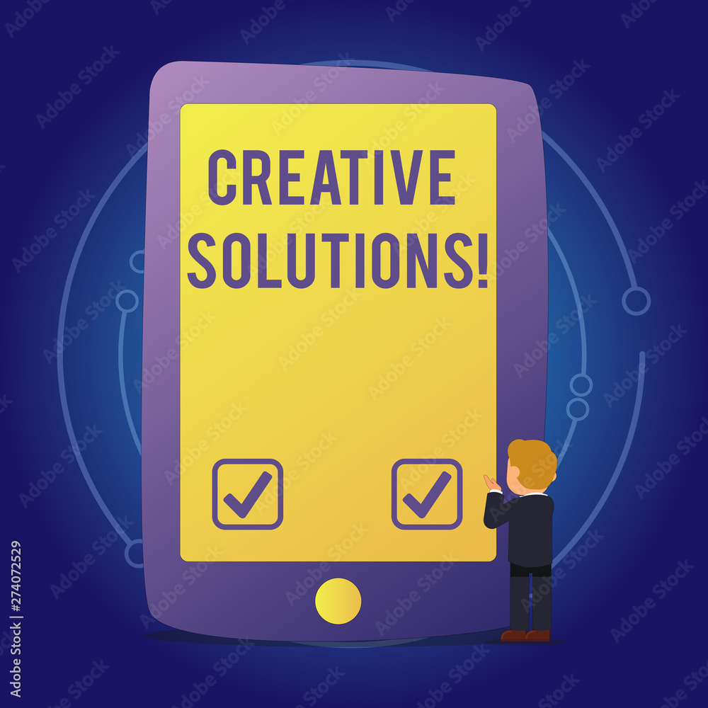 Fototapete Text sign showing Creative Solutions. Conceptual photo mental process of creating unique solutions to problem Businessman Standing and Gesturing Facing Blank Screen Giant Tablet Device.
