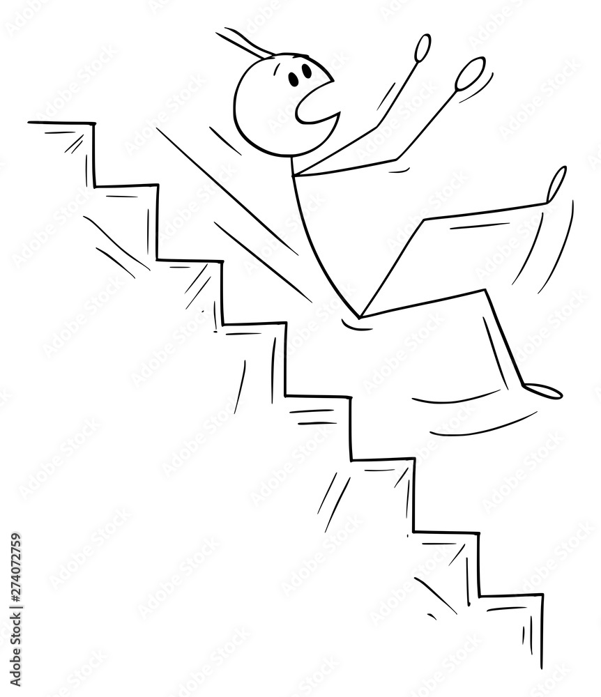 Wall mural Vector cartoon stick figure drawing conceptual illustration of man or businessman falling down on dangerous stairs. Business concept of crisis and bankruptcy.