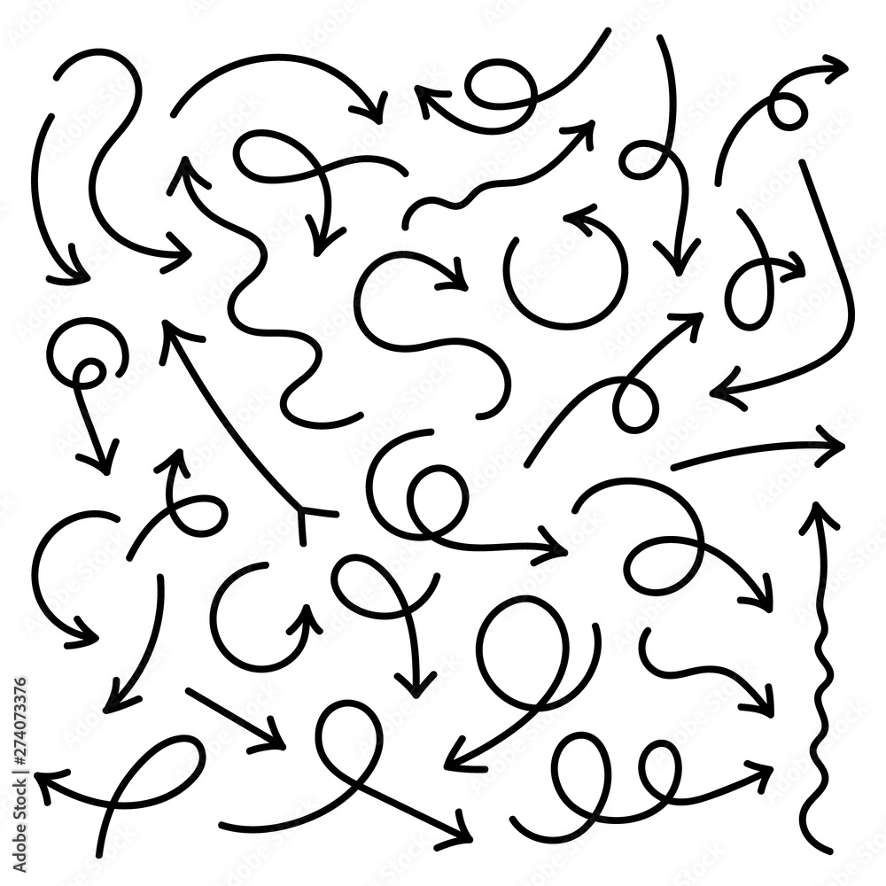 Poster set of black curved arrows in doodle style. vector collection of drawn arrows isolated on white back