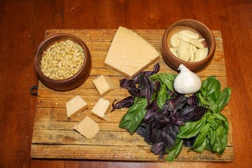 Ingredients for Homemade Pesto on Wooden Board