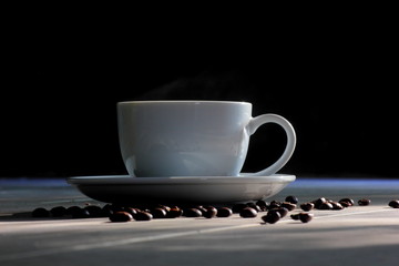 Coffee in a white glass, gray floor with morning light. 