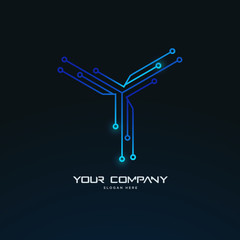 Y letter initial futuristic abstract tech circuit board logo template