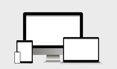 Smartphone, tablet, laptop and desktop computer with Blank White Screen of  web design. Vector illustration. Screen mockup