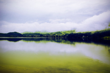 Clouds and mist on the Hallstattersee in Austria.