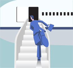 Man in a hurry run to the plane in airport. Board on the airplane. Idea of air transportation. Flat vector illustration