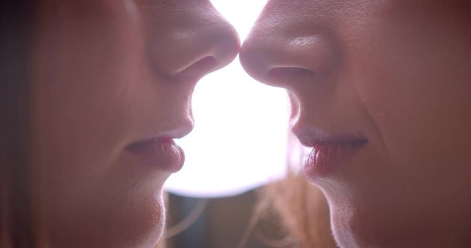 Closeup shoot of young affectionate beautiful lesbian couple in love looking at each other kissing indoors