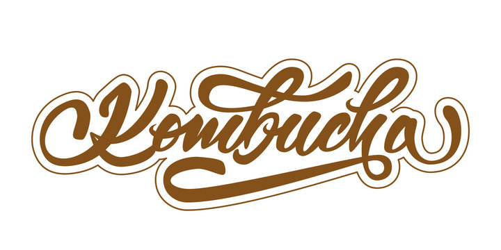 Kombucha - hand lettering logo. Text design for logo, print, badge, packaging, label aso. Vector illustration.