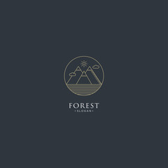 monoline forest, mountain and wave logo icon vector