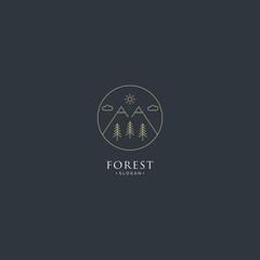 monoline forest, mountain and wave logo icon vector