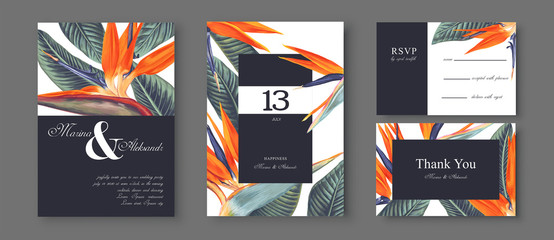Botanical wedding invitation card. Template design with Strelitzia Reginae, tropical flowers and leaves. South African plant, called bird of paradise. Collection of Save the Date and RSVP in vectorEPS