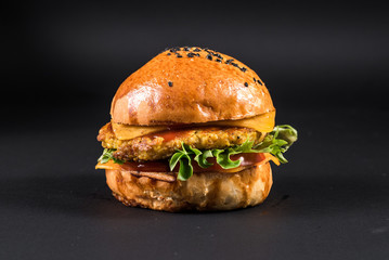 Tasty vegetarian burger with soy cutlet and vegetables