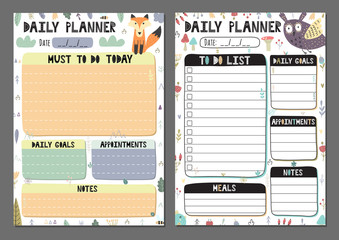 Daily planners collection. To do list set with a cute owl and fox