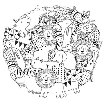 Circle shape coloring page with funny safari animals. Black and white print