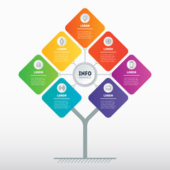 Brochure design template. Business presentation concept with 7 options. Tree, info chart or diagram. Vector infographic of technology or education process with seven steps.