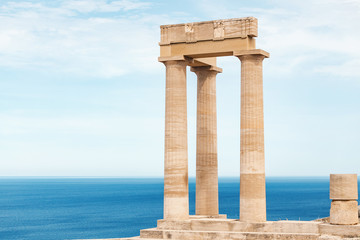 Travel landmarks and archeological sites. Great view of Acropolis ruins in Lindos at the Rhodes...
